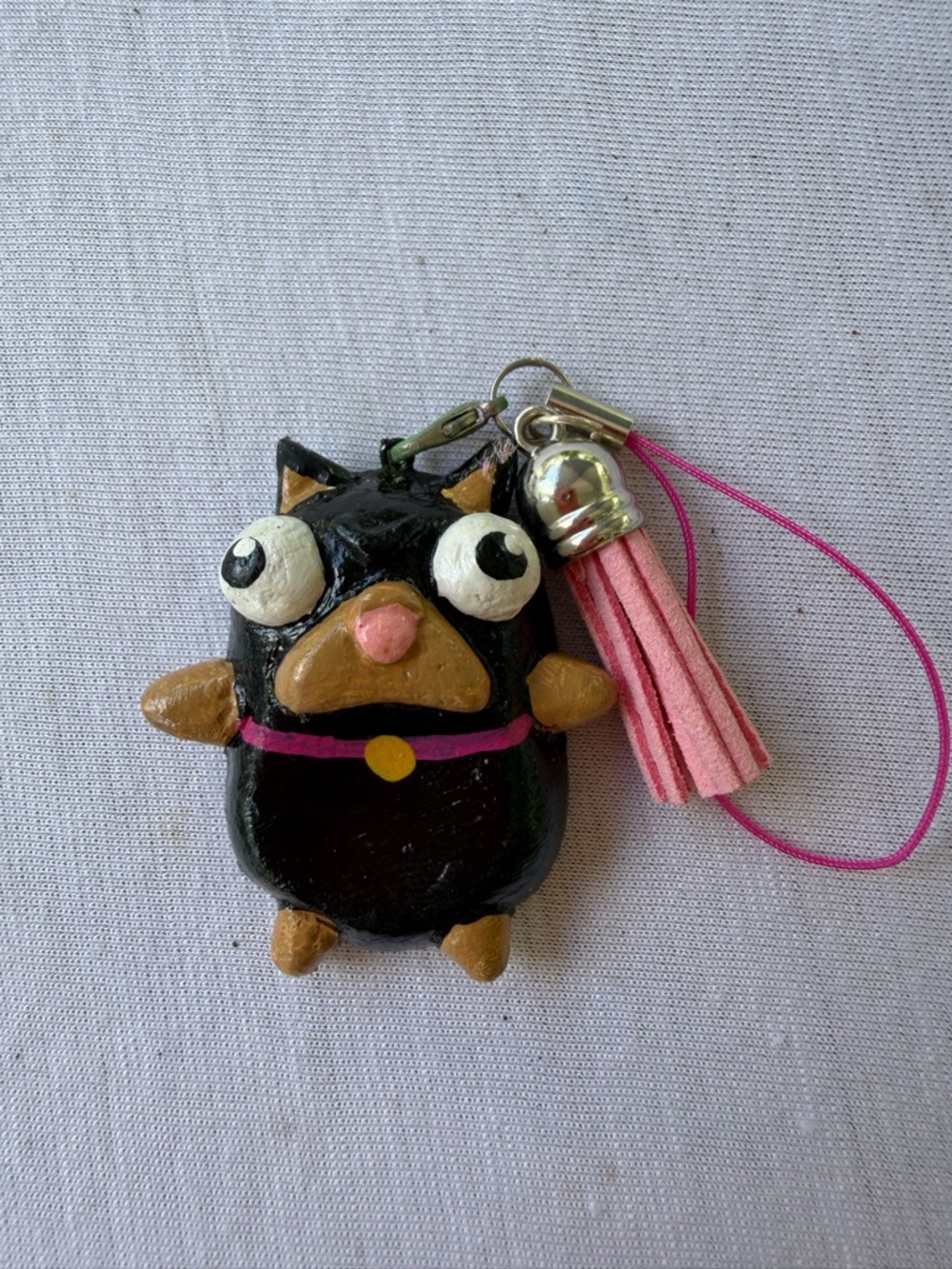 Handmade Black Cat Keychain with Pink Tassel